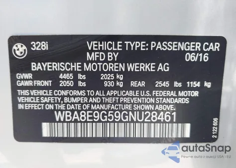 2016 BMW 328I из США, поврежденный, VIN WBA8E9G59GNU28461